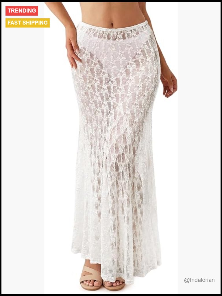 Sheer Lace High Waist A-Line Maxi Skirt Beach Cover Up Flowy